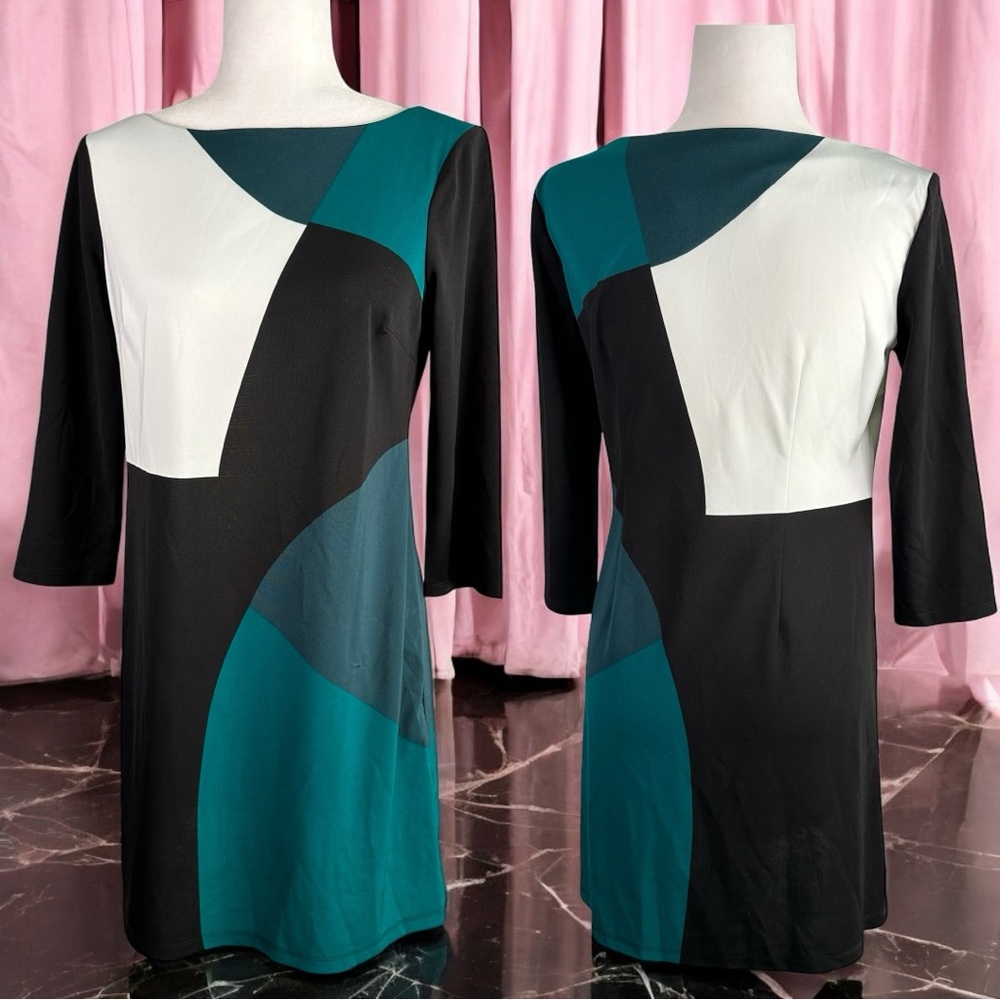 Maggy London Color Block Geo Green Teal Black White Dress Size 6 EUC